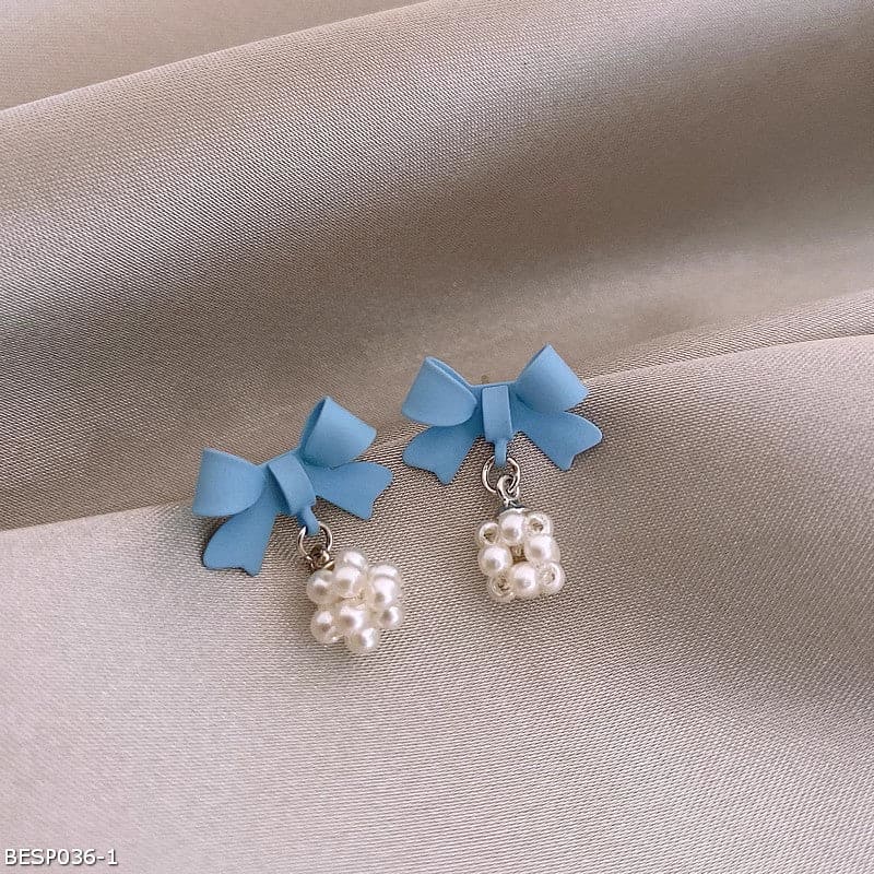 Blue bow pearl ball earrings