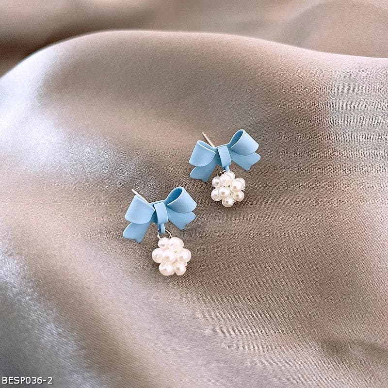 Blue bow pearl ball earrings